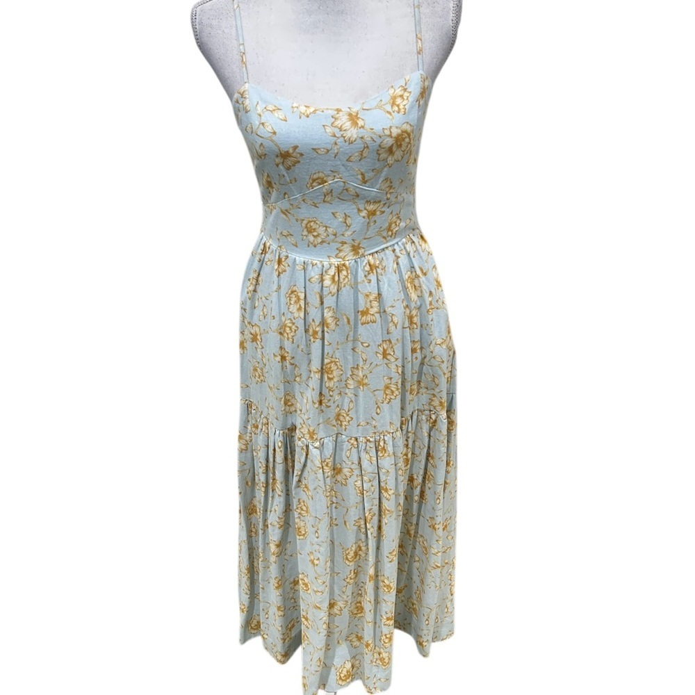 Christian Lacroix Linen Blue & yellow Floral Maxi sundress fitted bodice small